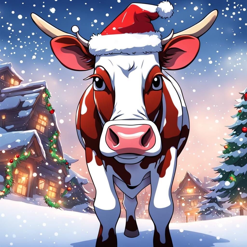 Festive Christmas Cow in Anime Style