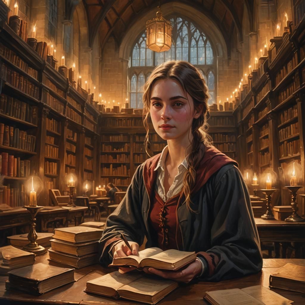 Hogwarts Library Scene with Young Student