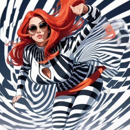 Optical Illusion: Women in Striped World with Sunglasses