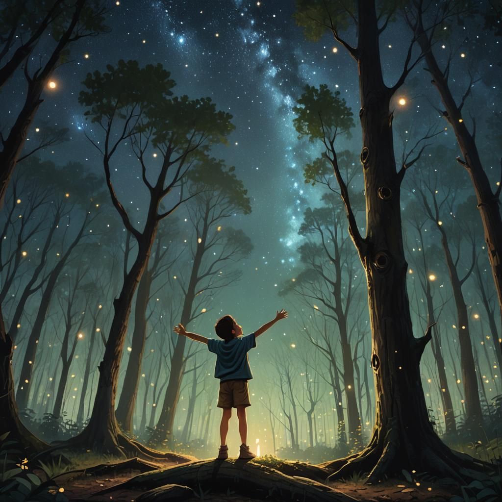 Child in Firefly Forest Night Scene