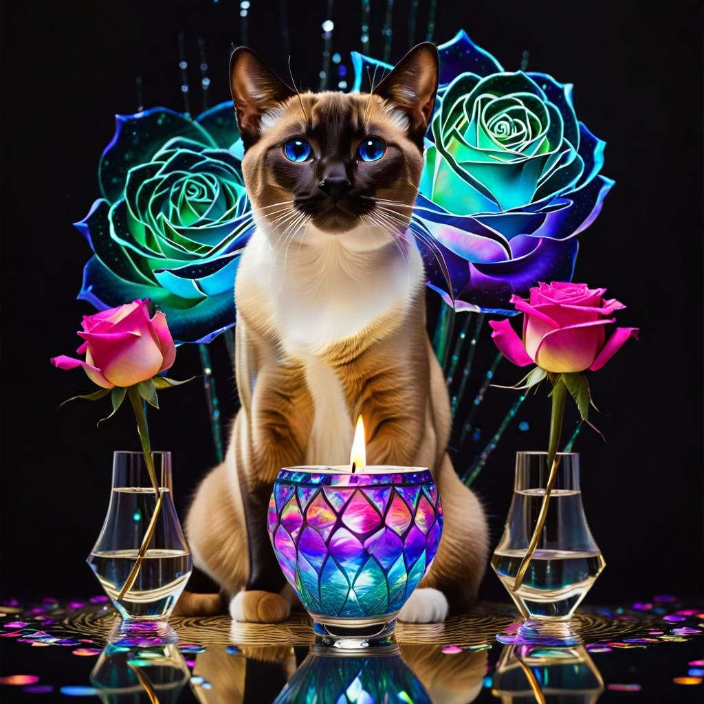 Iridescent Siamese Cat with Roses in Kaleidoscopic Light