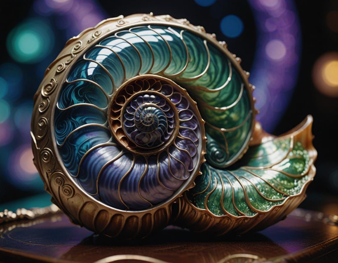 Surrealistic Hyperrealism: Nautilus Shell in Psychedelic Jug...