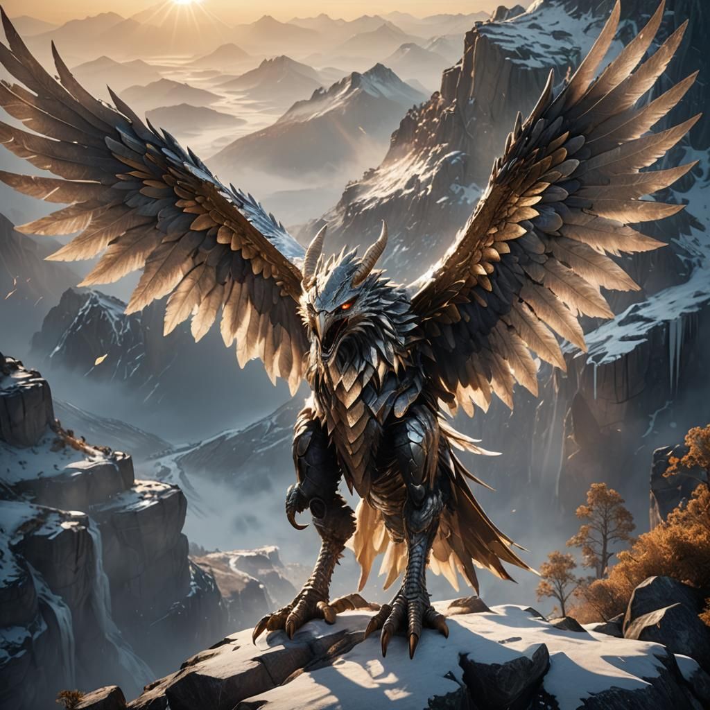 Majestic Winged Creature on Mountain Peak in 3D