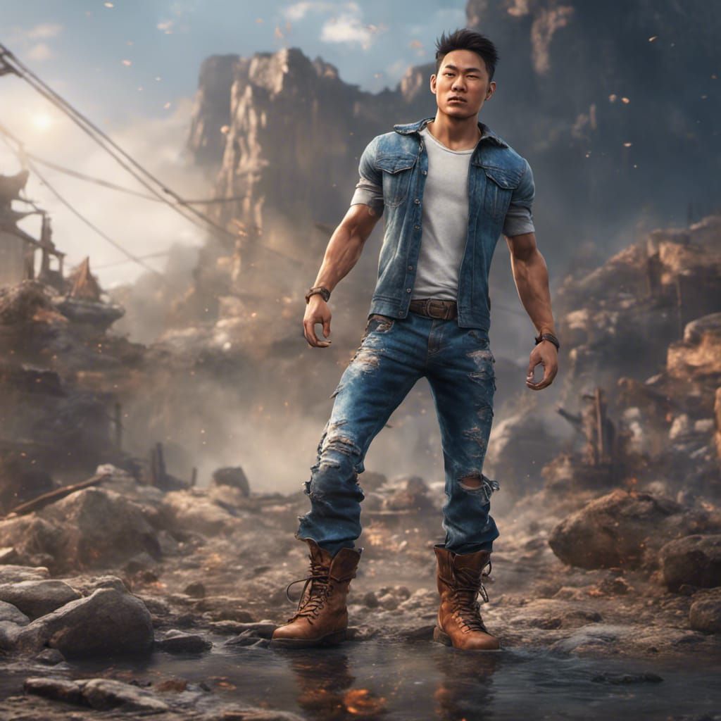 Athletic Asian Man in Torn Jeans: Fantasy Art