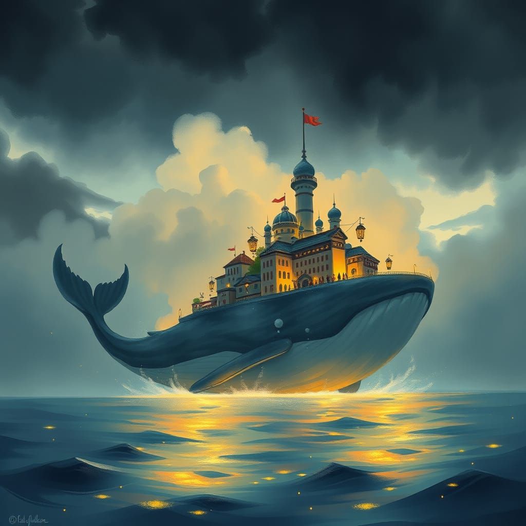 Floating City on Whale in Ghibli Style