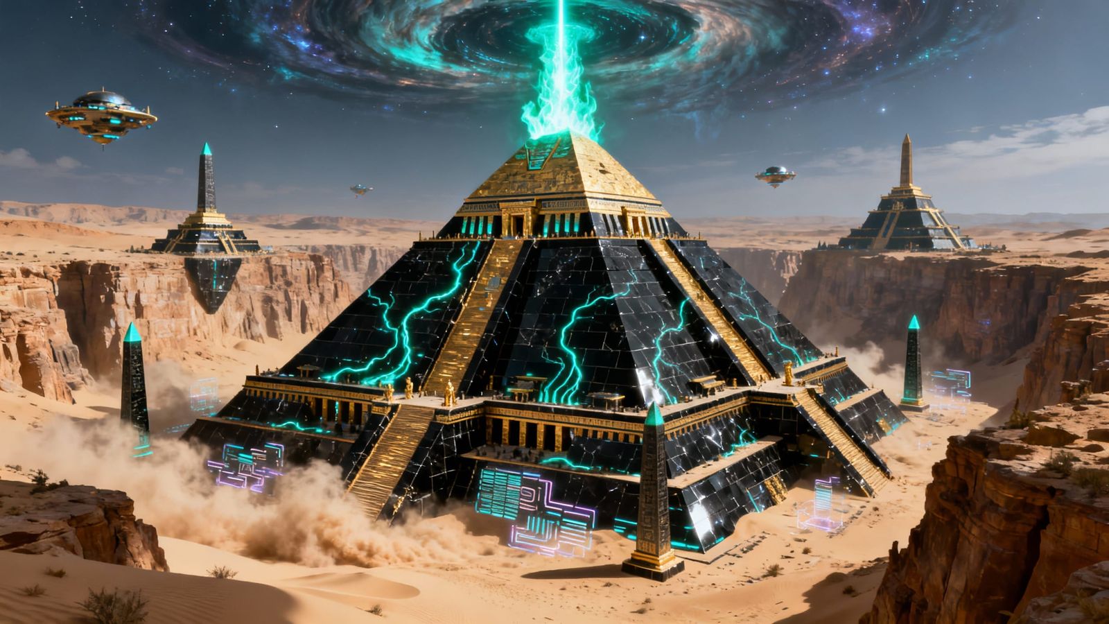 Techno-Egyptian Necropolis in Desert Canyon