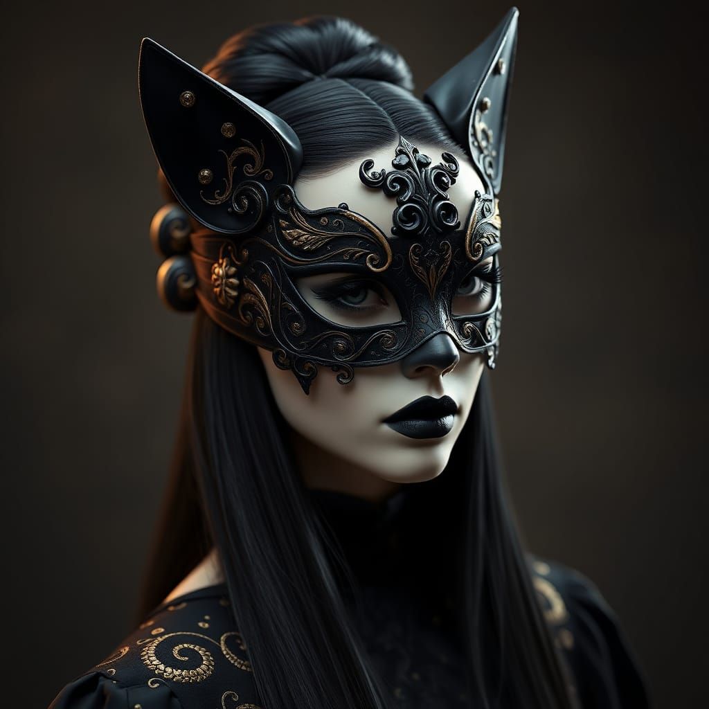 Elegant Gothic Woman with Feline Baroque Mask
