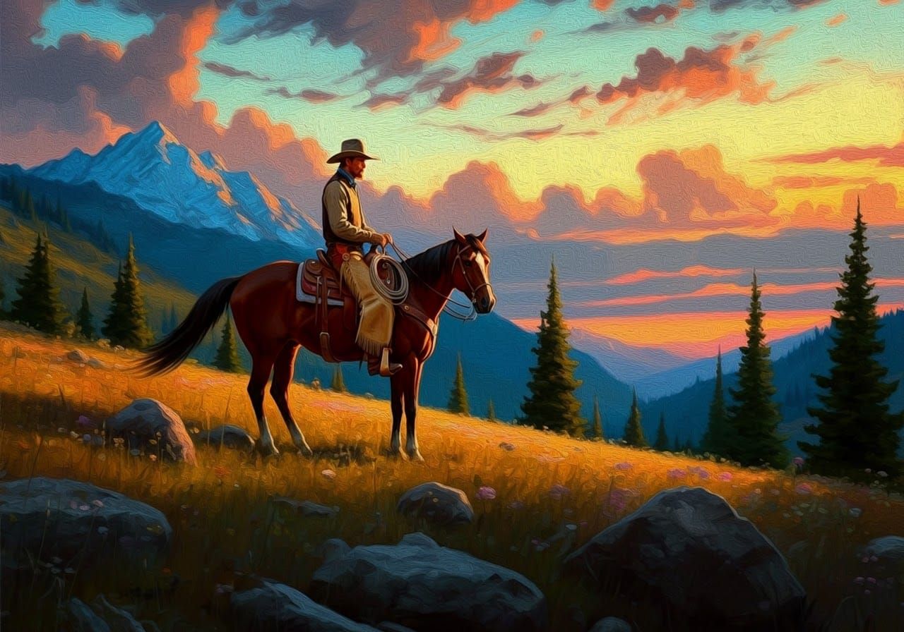 Impressionistic Cowboy on Horseback in Mountain Meadow