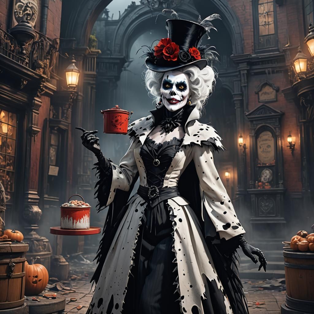 Hatbox Ghost as Cruella: Detailed Matte Painting
