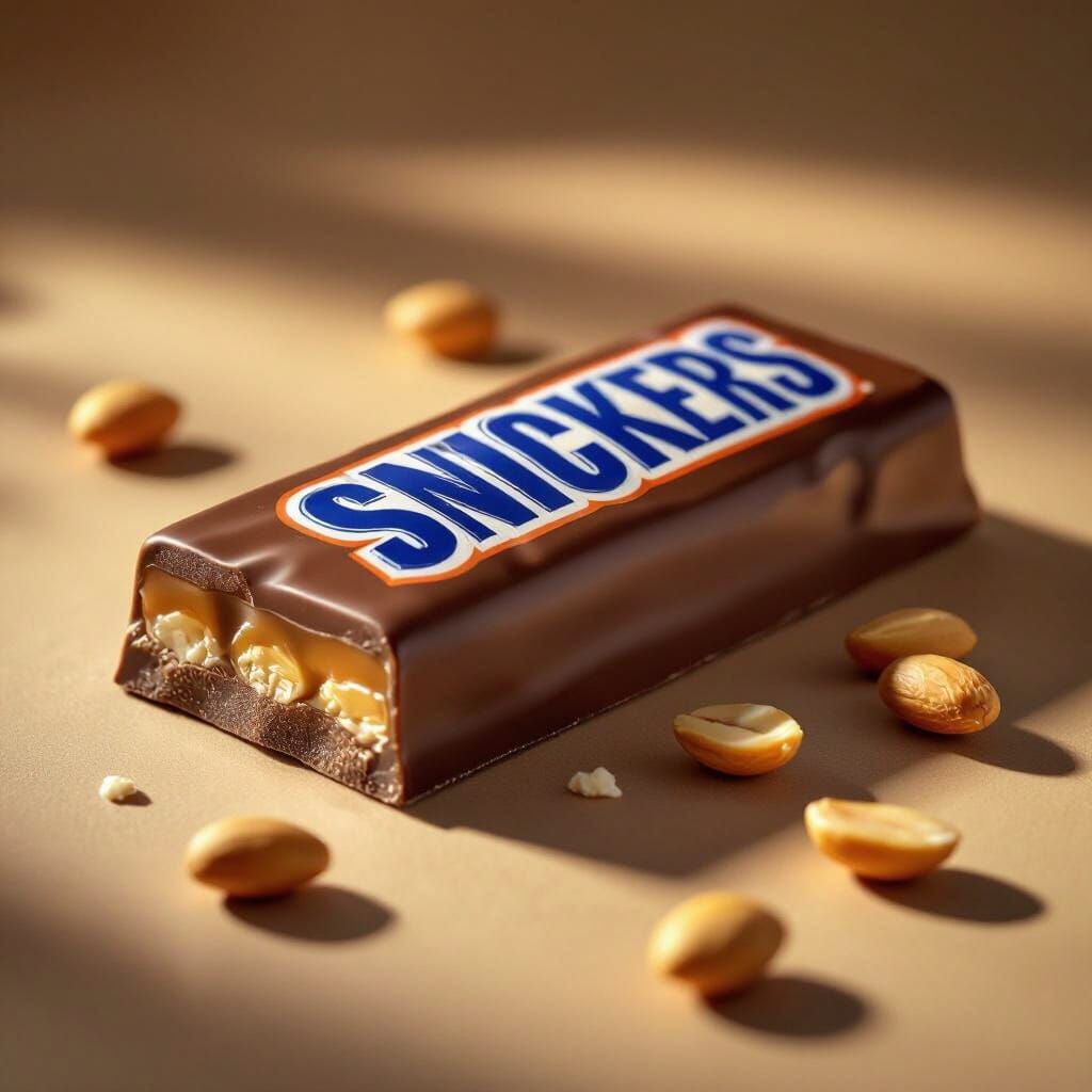 Hyperrealistic Snickers Bar with Warm Studio Lighting