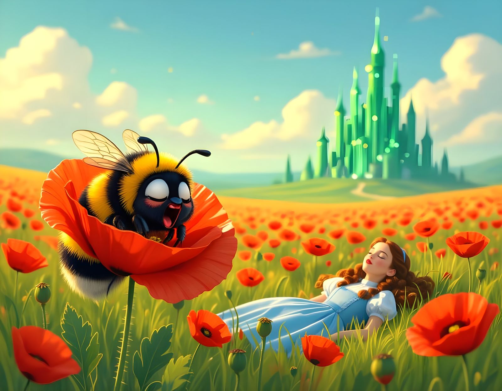 Cartoon Bee Asleep in Poppy Field with Dorothy