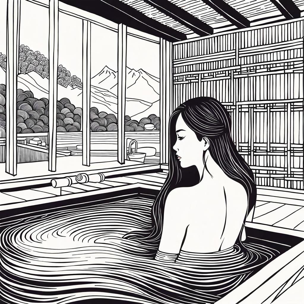 Woman in Onsen: Black and White Doodle Art