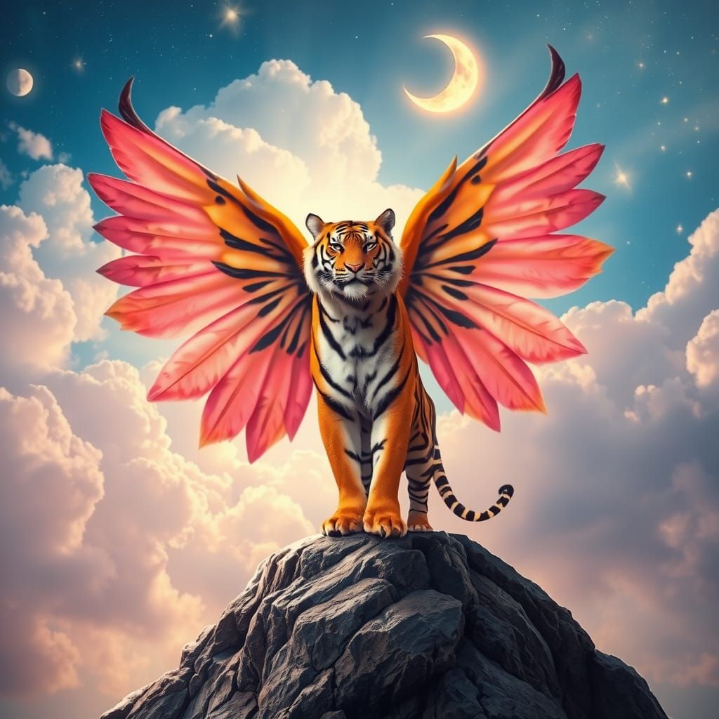 Majestic Tiger Spreads Vibrant Wings Amidst Dreamy Clouds