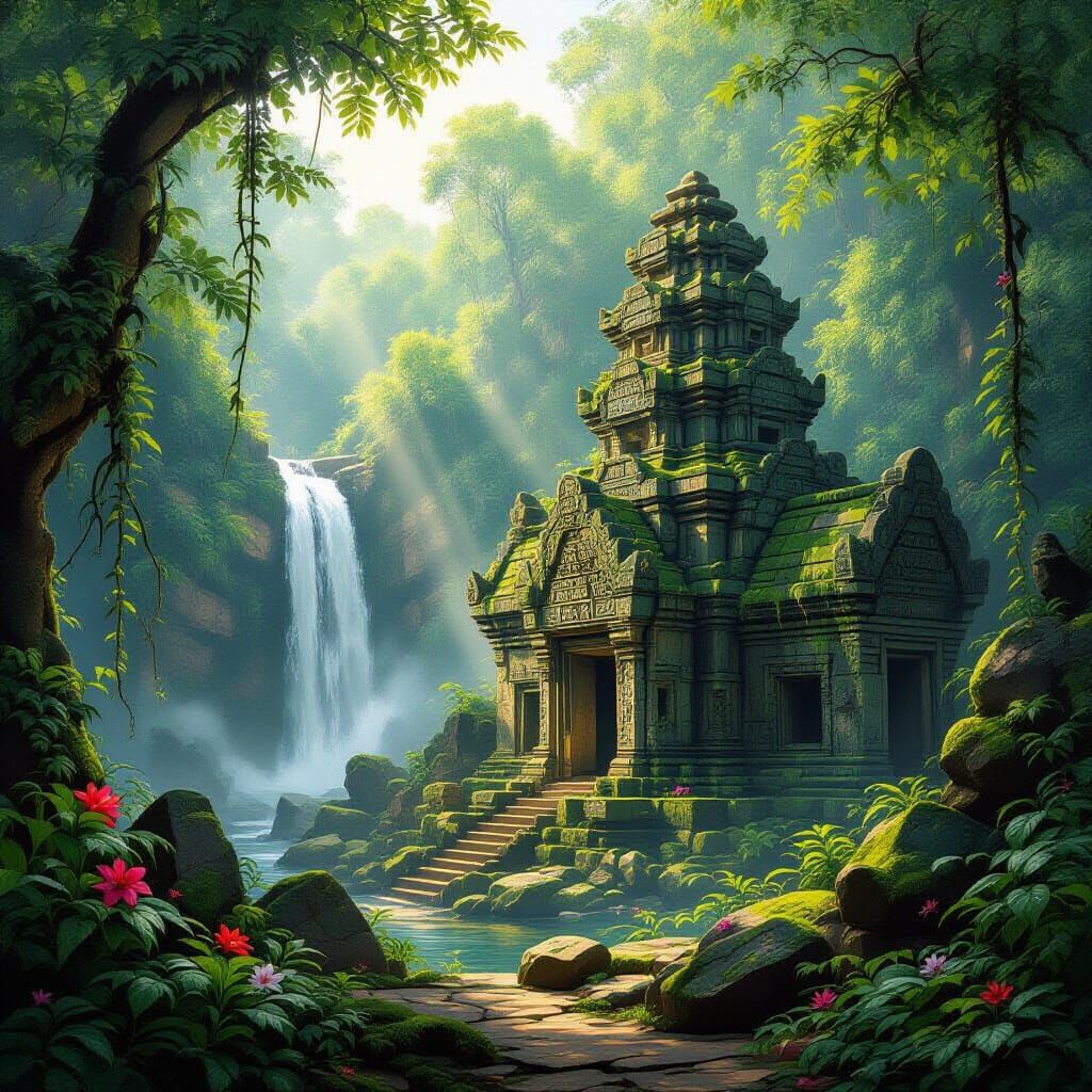 Ancient Temple in Lush Jungle, Serene Atmosphere