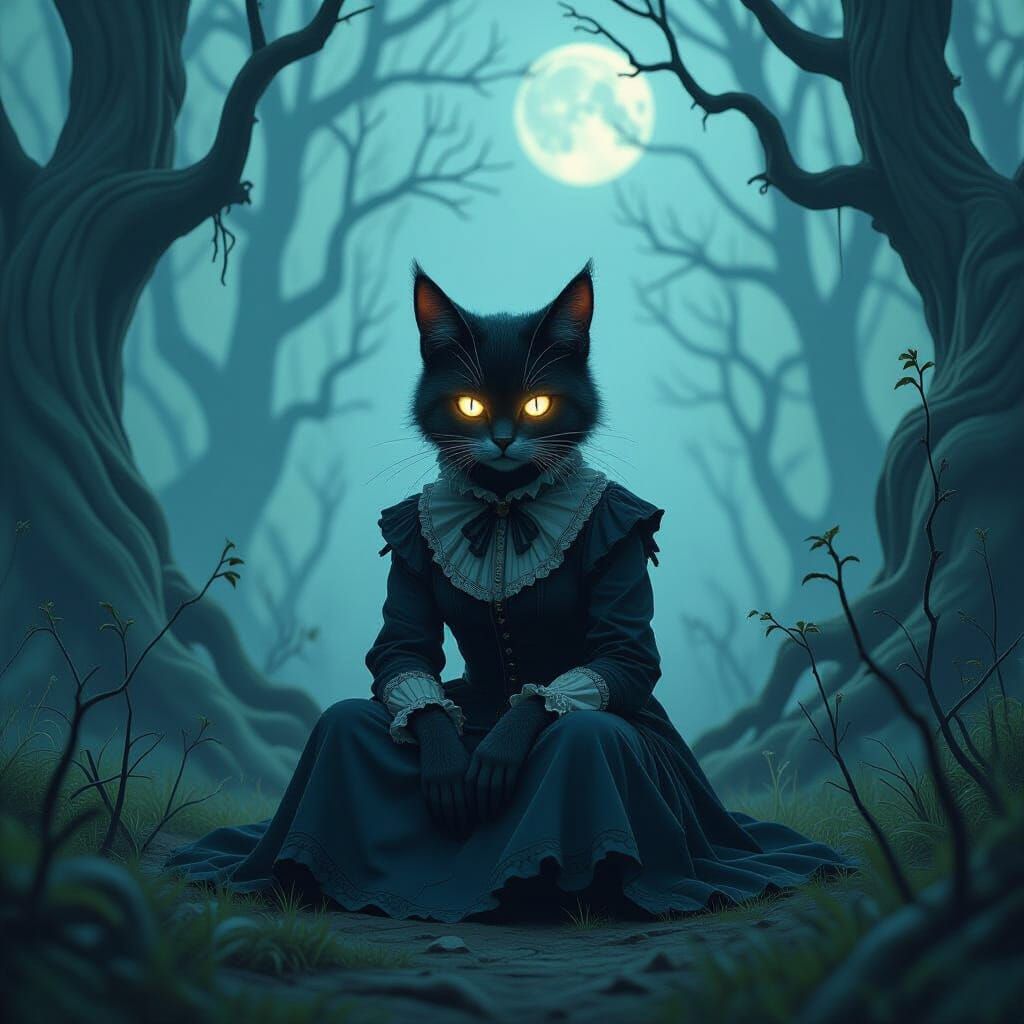 Melancholic Creature in Mystical Forest, Victorian Aesthetic