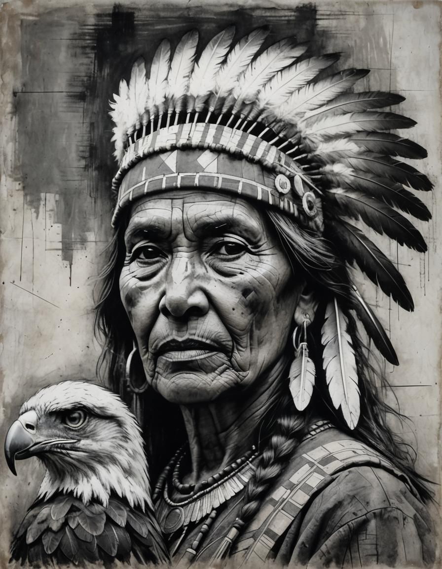 Native American Woman with Eagle, Charcoal Drawing