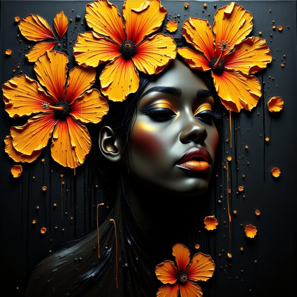 <lora:Pinny Pin v1-1:1.0> <lora:Contexture Abstract:1.0> Portrait of a black woman with golden hibiscus flowers, black b...