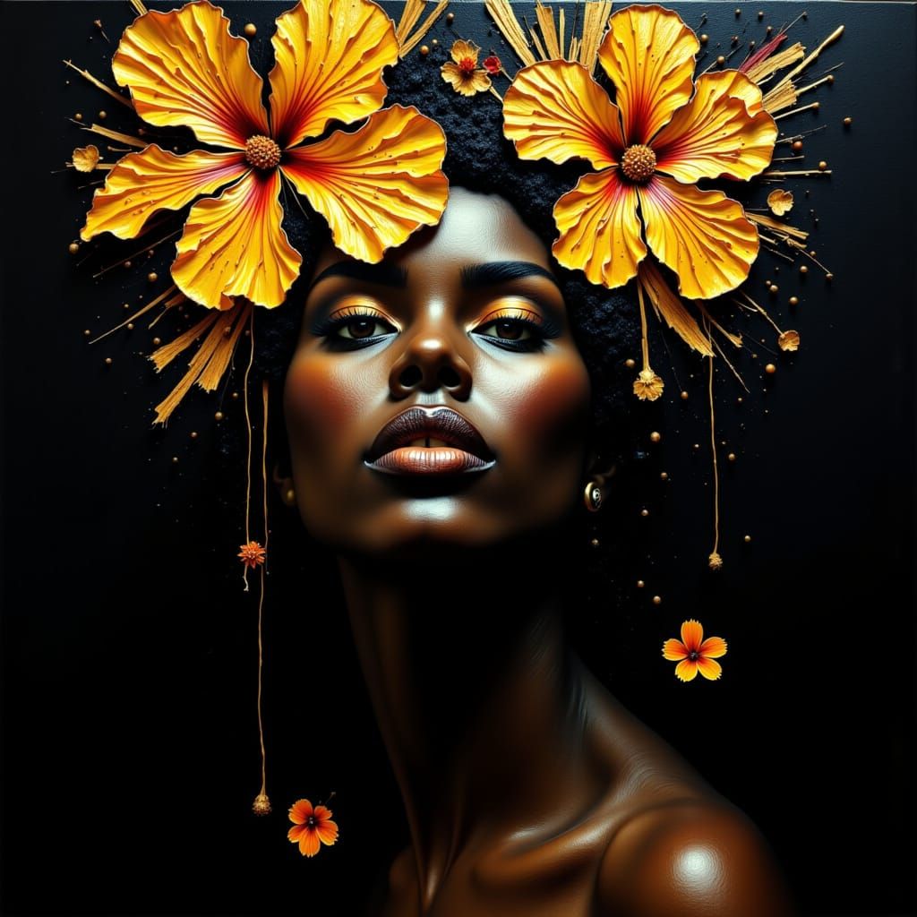<lora:Pinny Pin v1-1:1.0> <lora:Contexture Abstract:1.0> Portrait of a black woman with golden hibiscus flowers, black b...