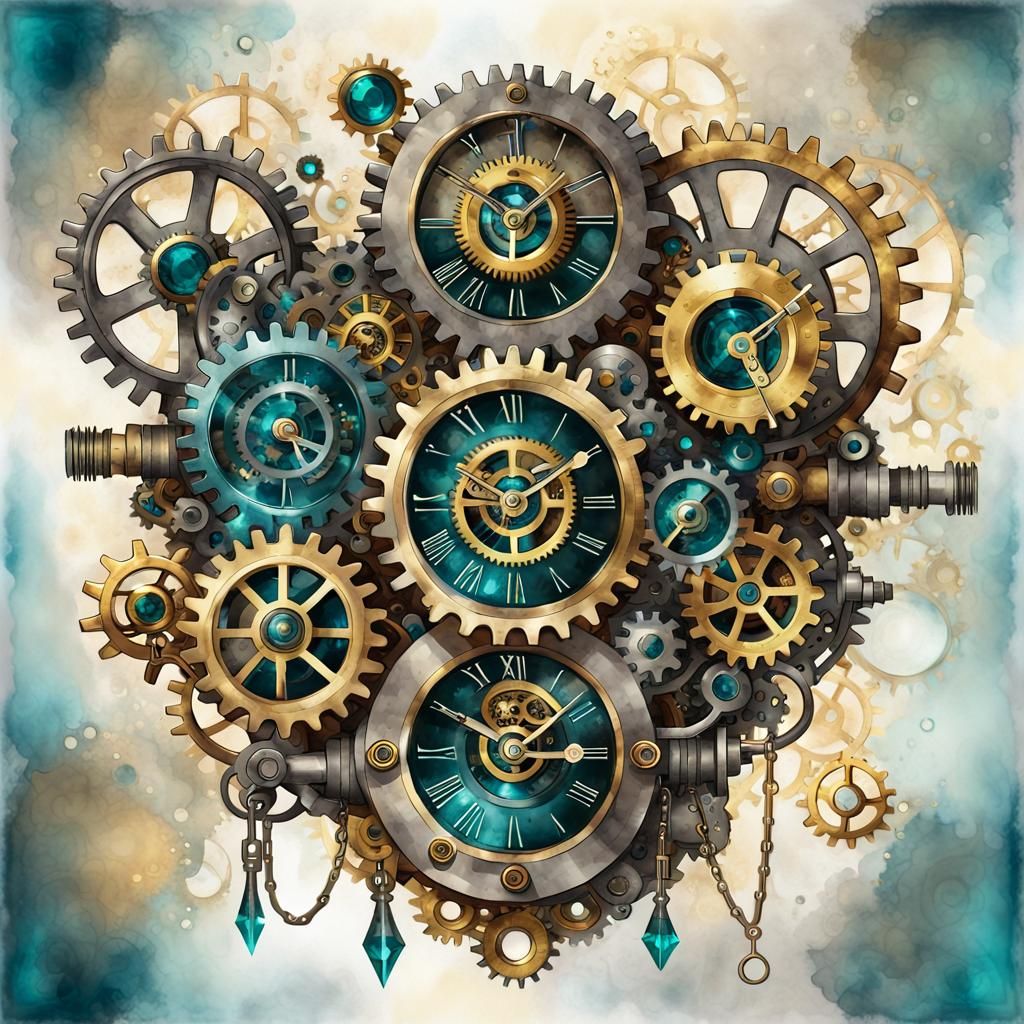 Steampunk Engine with Teal Crystals and Golden Cogs