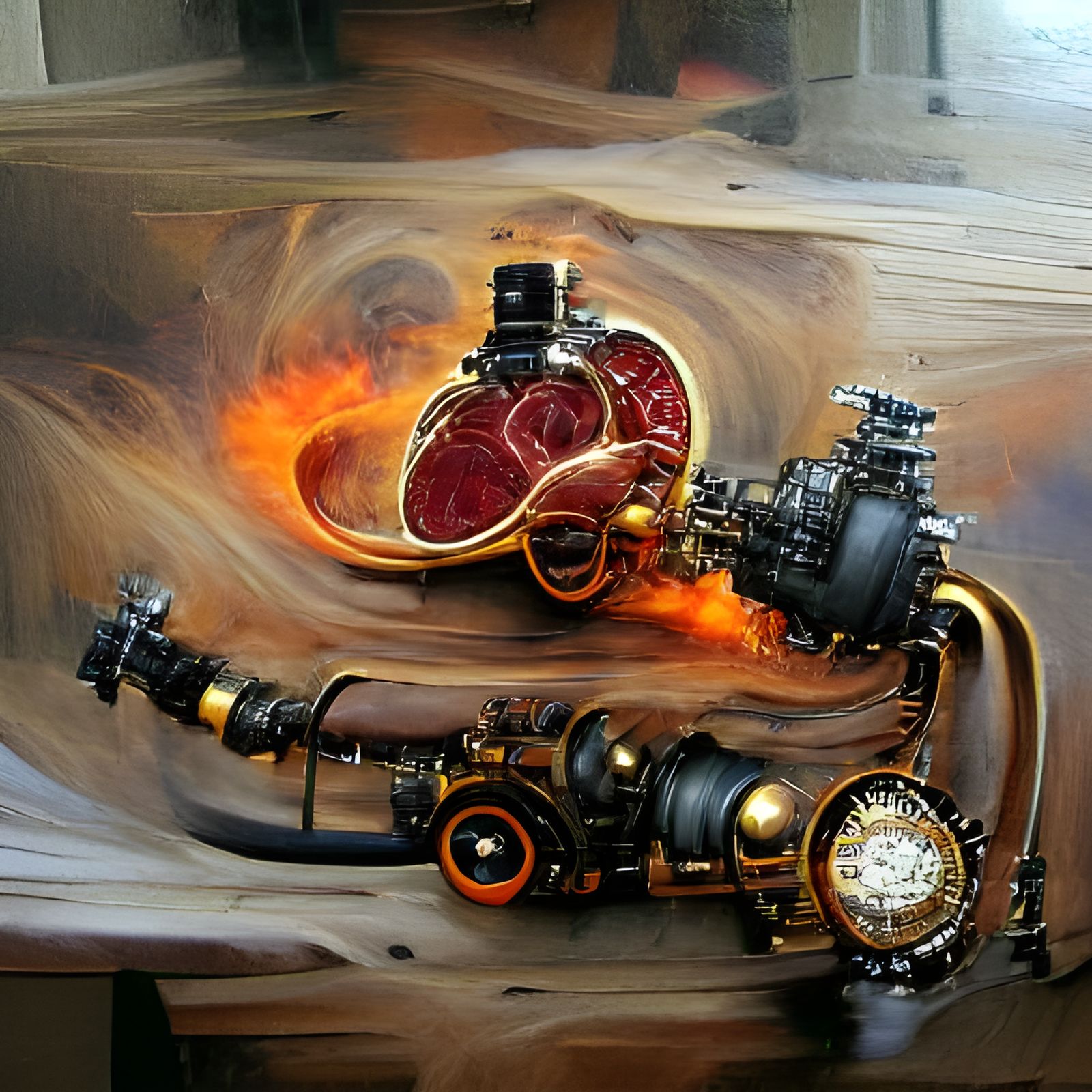 Steampunk Heart in Lava, Oil Painting