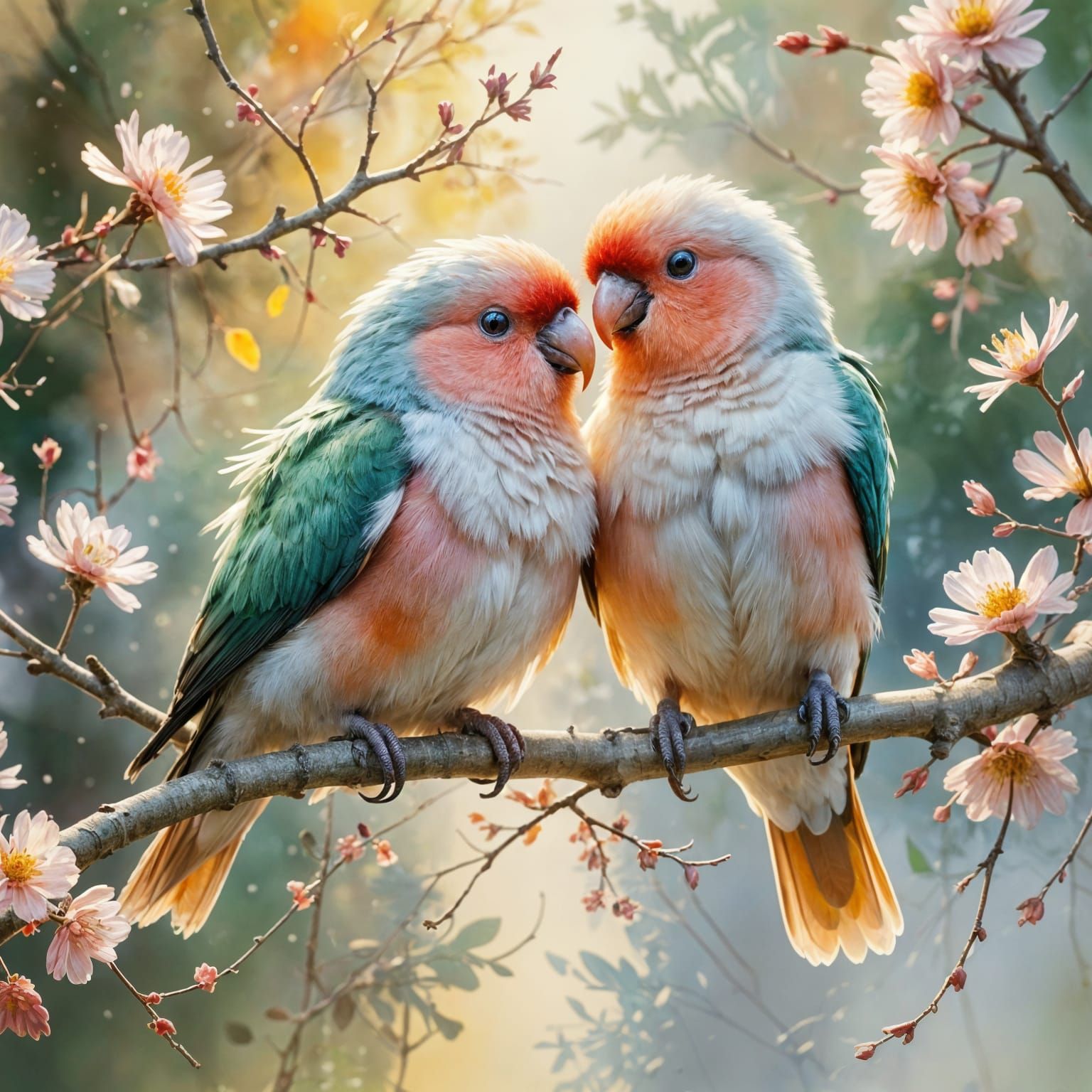 Pastel Lovebirds in Impressionist Watercolor Painting