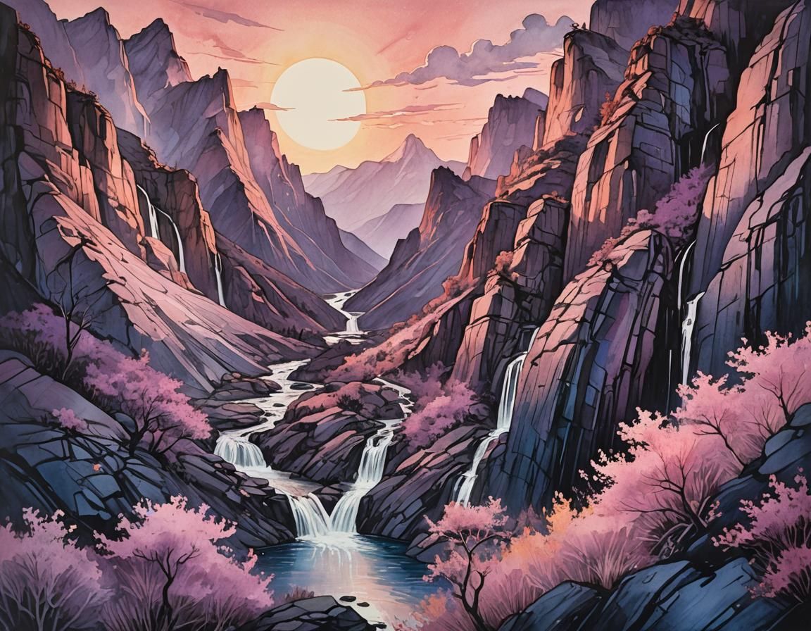 Celestial Mountain Range in Gouache Style