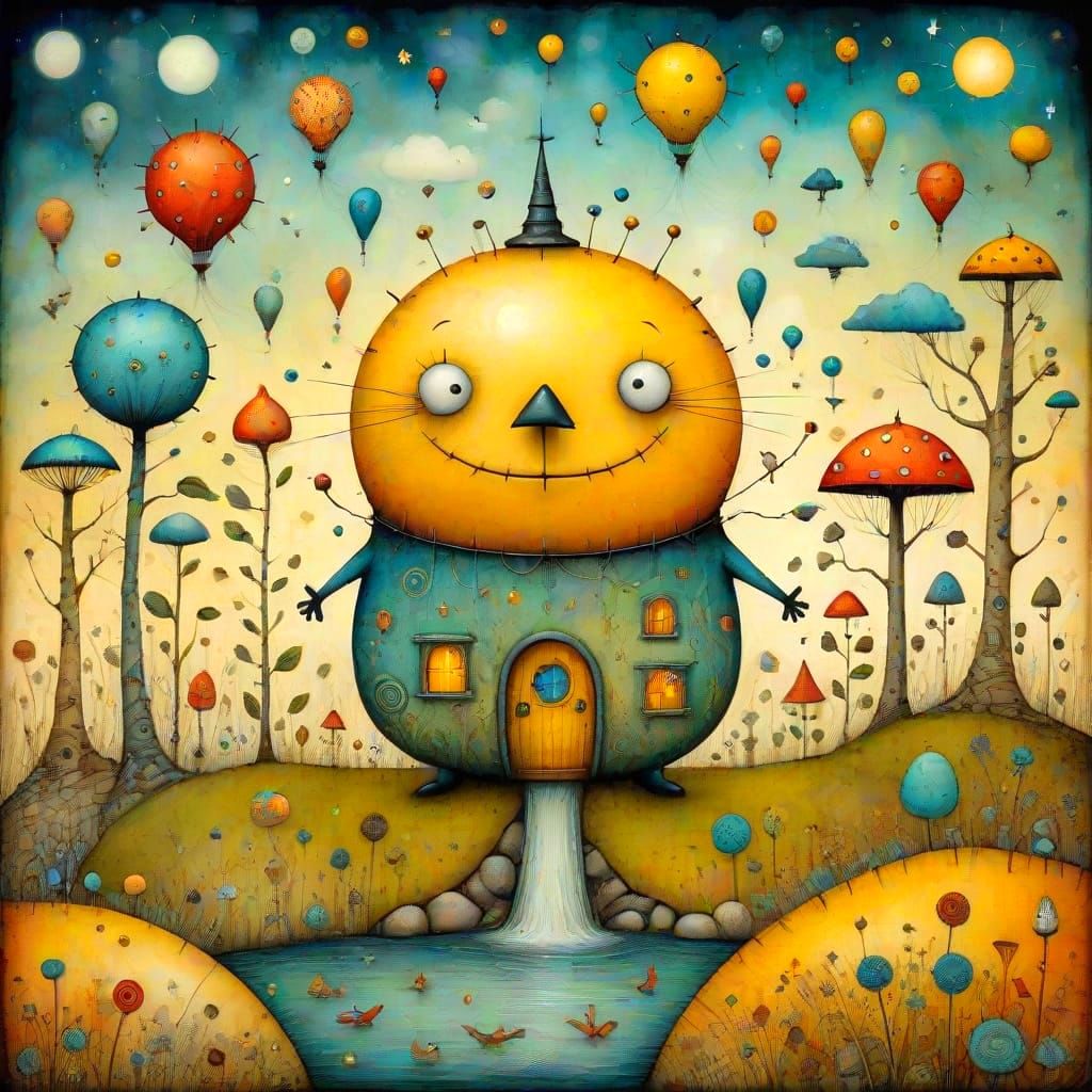 Whimsical Surreal Garden in Vibrant Encaustic Colors