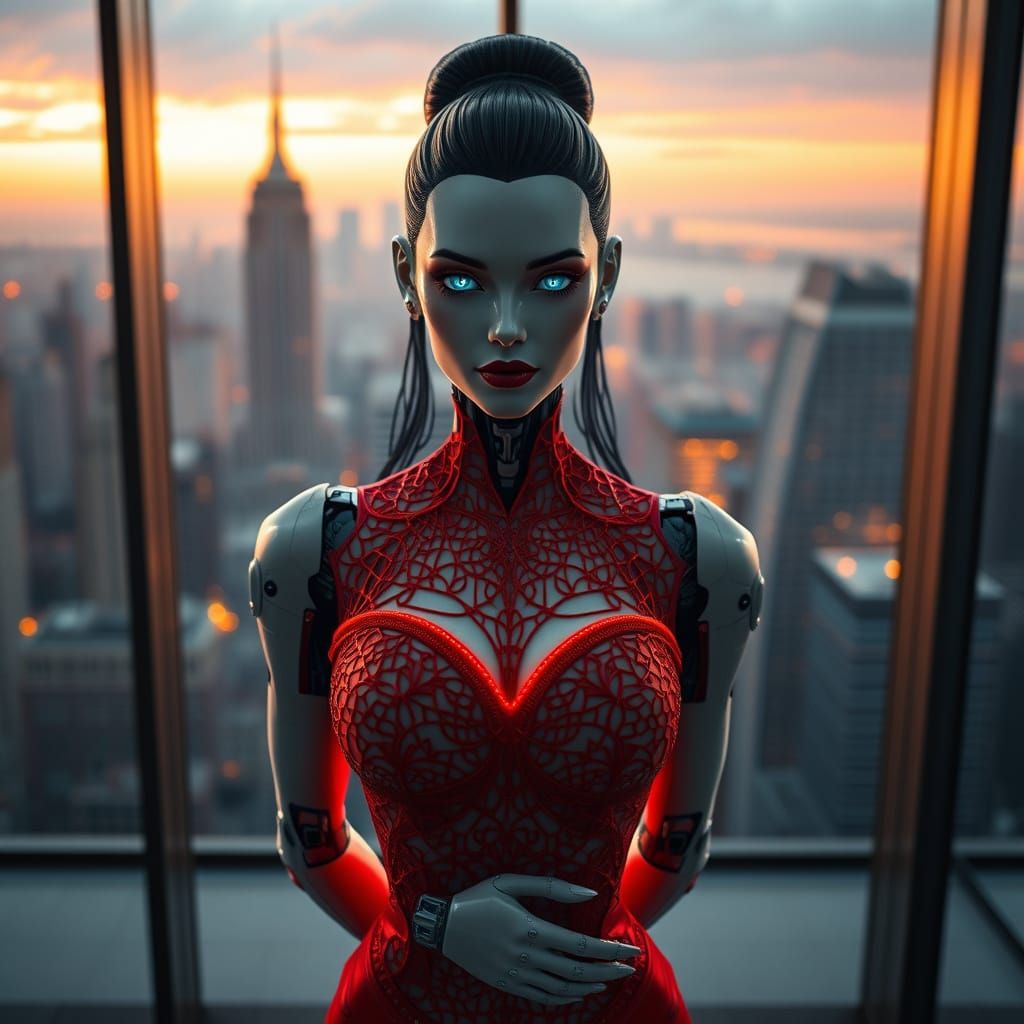 Cyberpunk Robot CEO in Elegant Red Dress