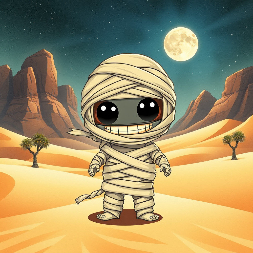 Chibi Mummy Smiles in Surreal Desert Landscape