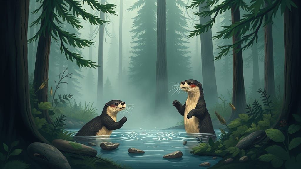 Whimsical Otters in Misty Forest: Pacific Northwest Art