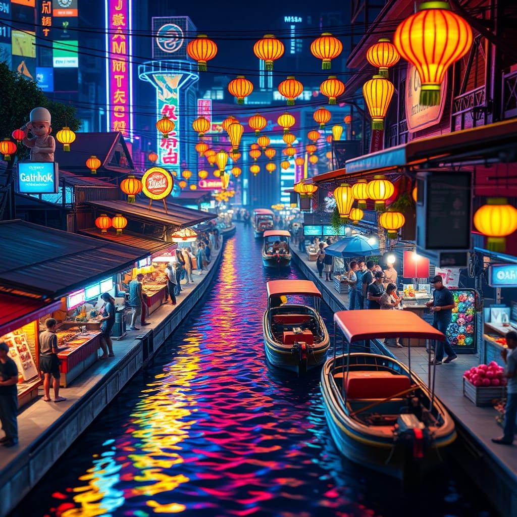 Bangkok Riverfront Market Diorama with Neon Lights