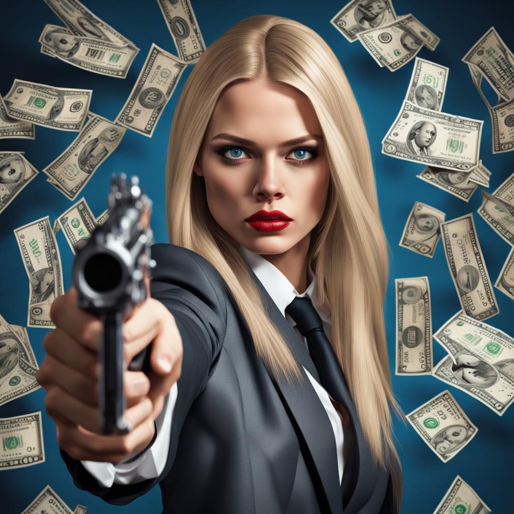 Woman with Gun in Heist Scene: Digital Art