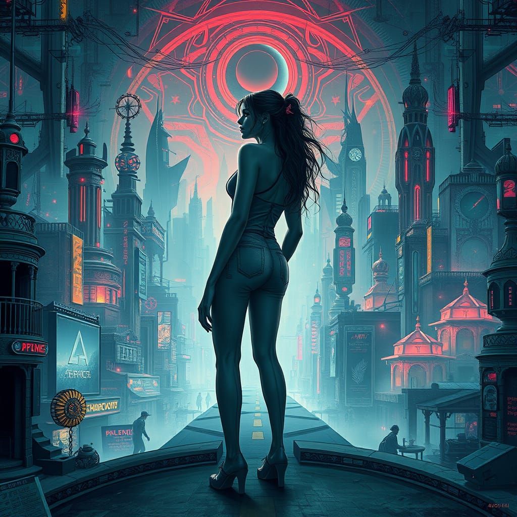 Woman at Crossroads in Cyberpunk Cityscape
