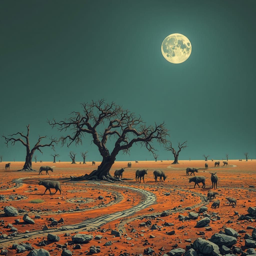 Barren Landscape with Thirsty Animals in Surreal Style