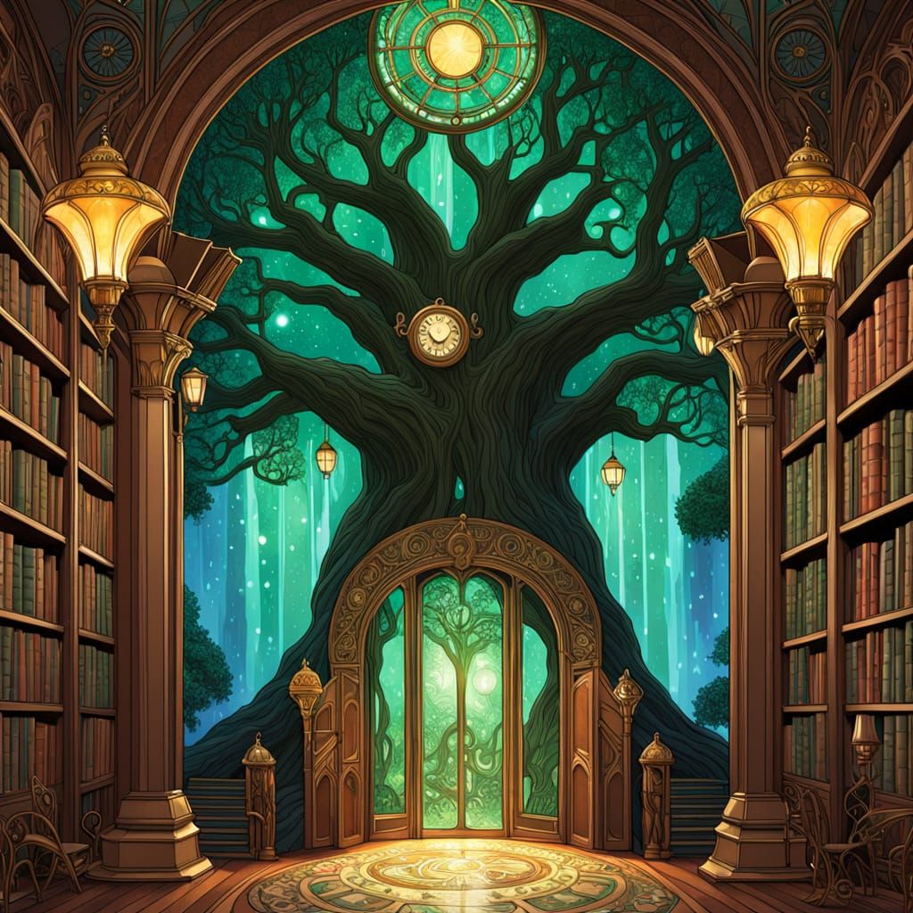Steampunk Oak Tree Library with Reading Bear