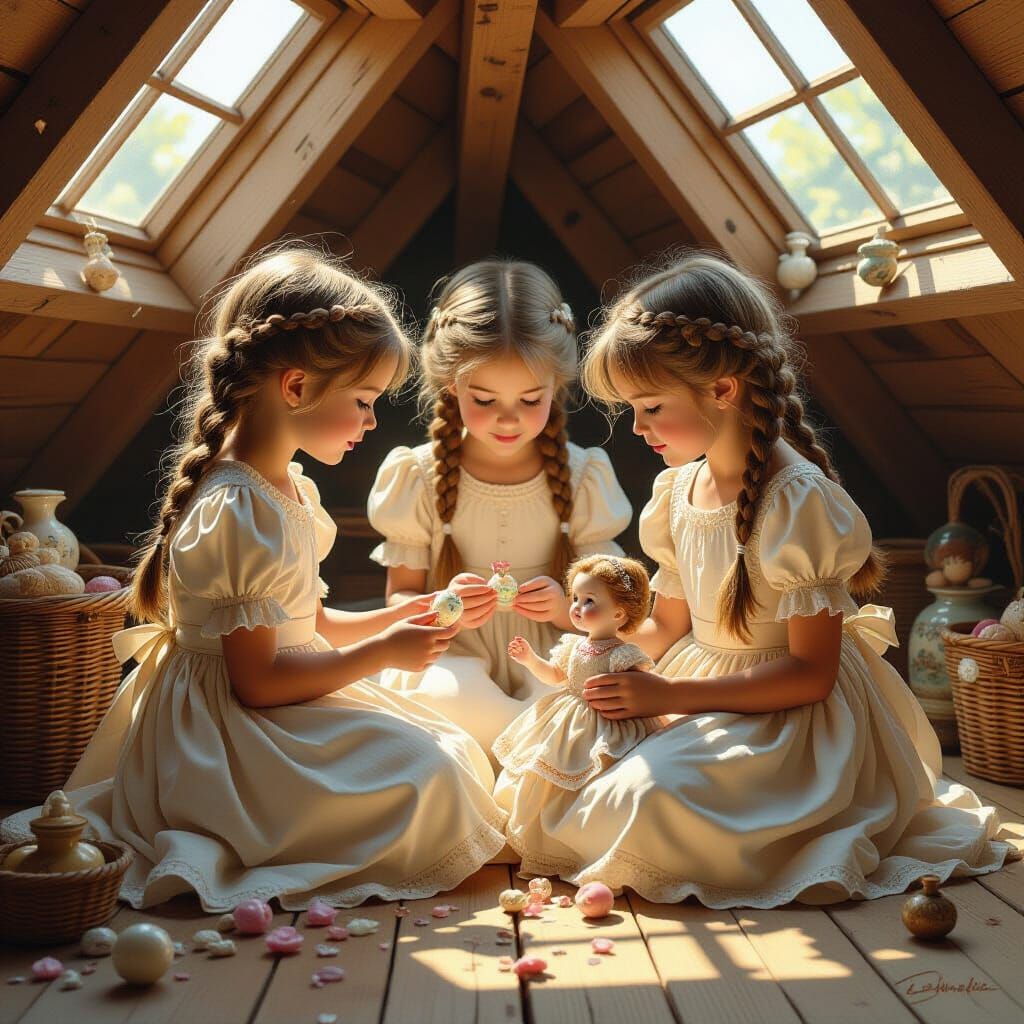Girls Playing with Dolls in Sunlit Attic, Realism Style