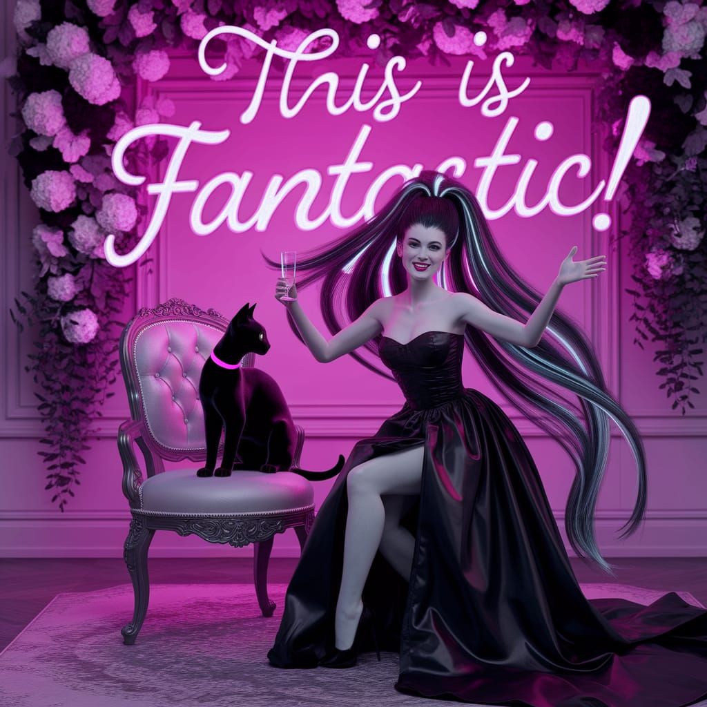 Gothic Bride Toasts Cat in Neon Magenta Light