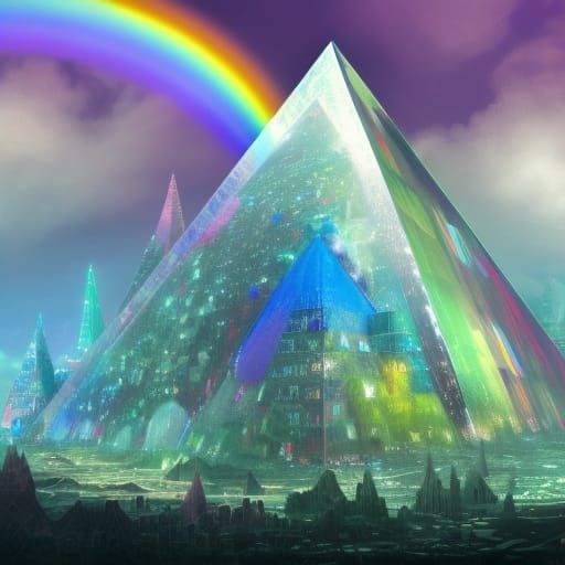 Rainbow Towers Surround Glass Pyramid in Fantasy Art