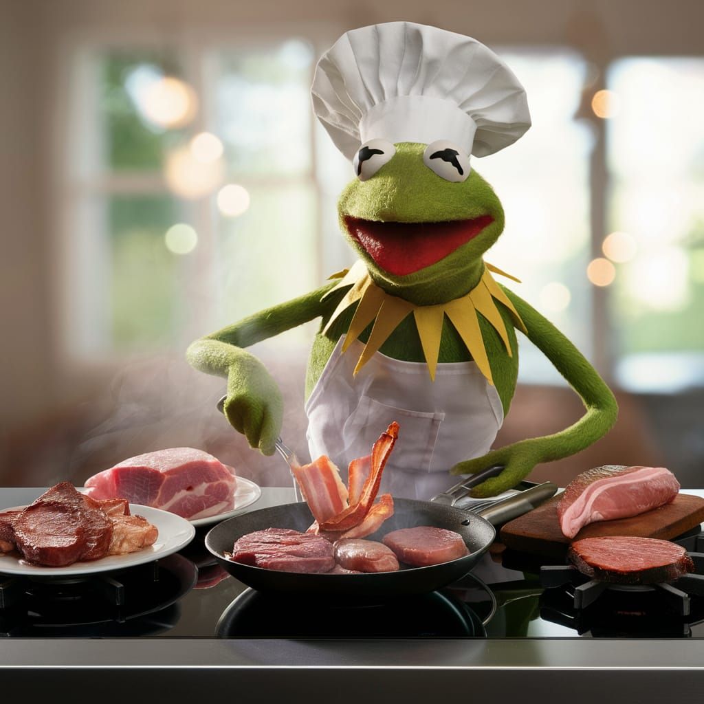 Kermit the Frog Cooking Pork: High-Resolution Photo