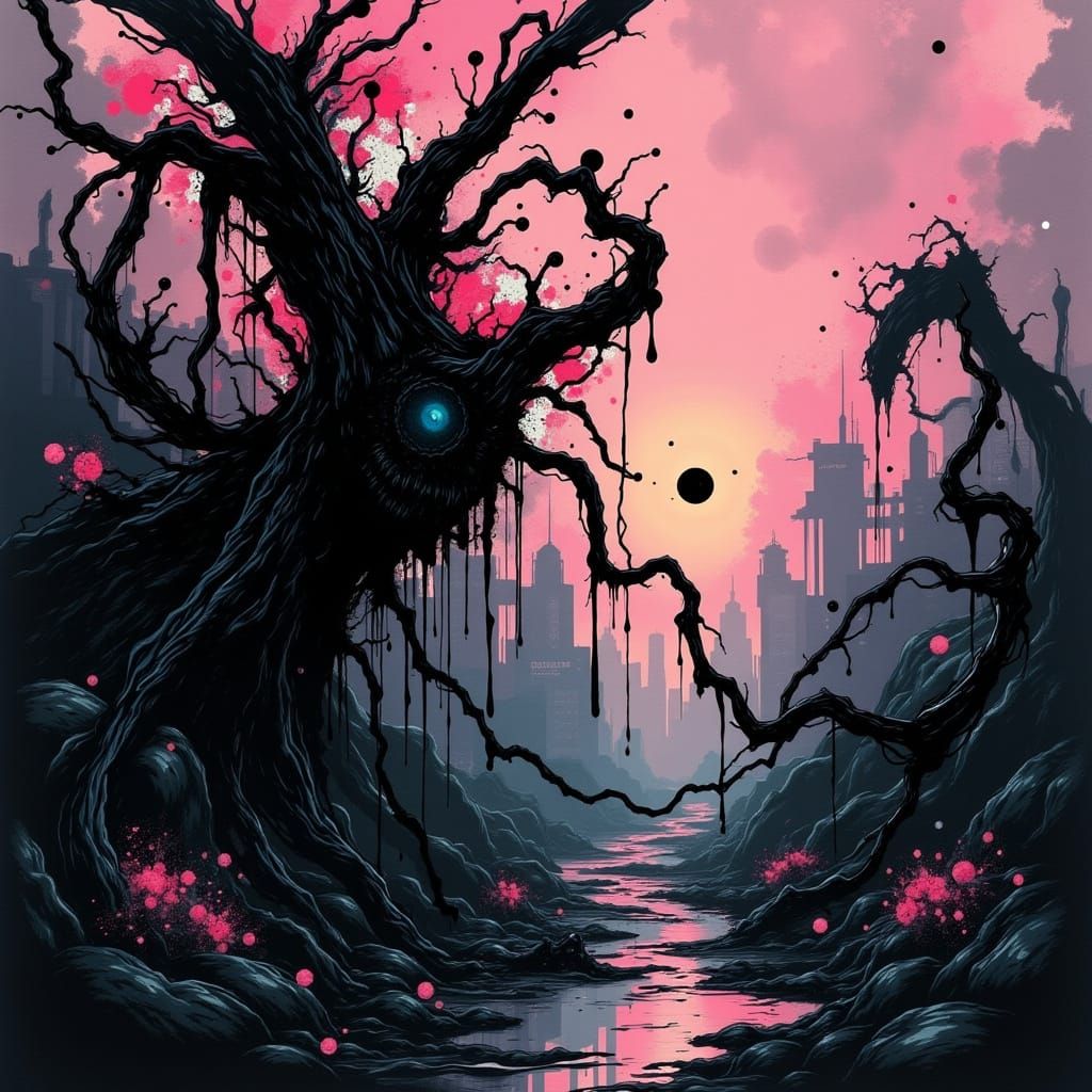 Overgrown Cityscape at Dawn in Twisted Ink Style