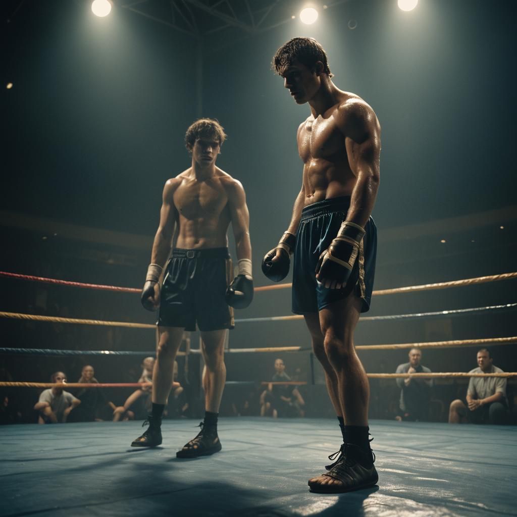 Wrestler Confronts Reflection in Dark Boxing Ring