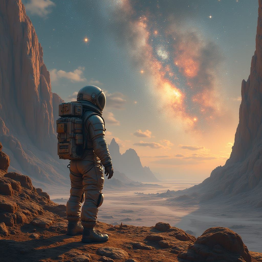 Astronaut Gazing at Nebula on Alien Planet