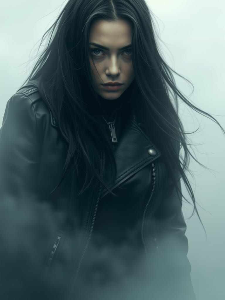 Woman in Fog with Expressive Eyes in Cyberpunk Style