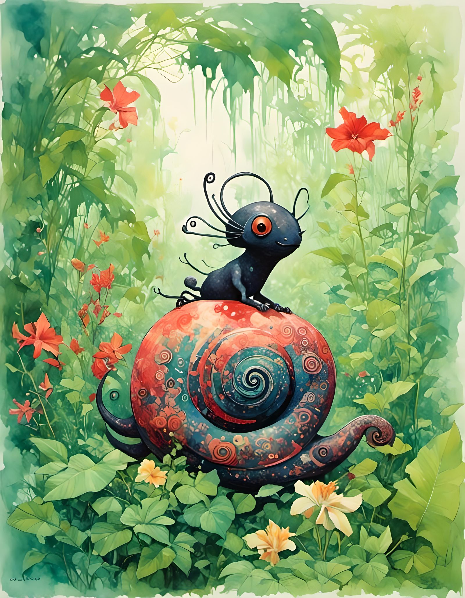 Buddha Statue in Tropical Garden, Cubist Watercolor