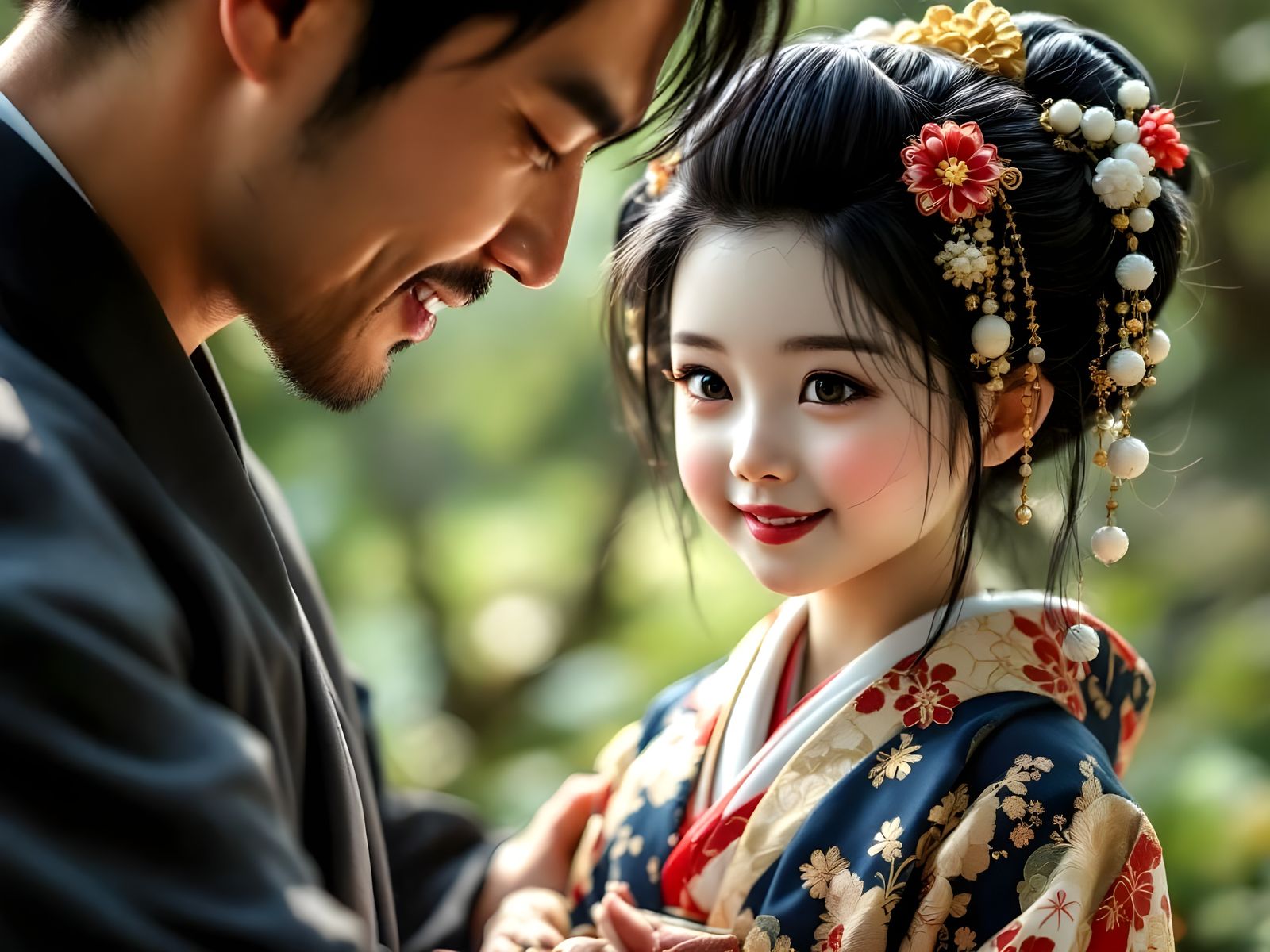 Japanese Father Daughter with Kintsugi Doll in Garden