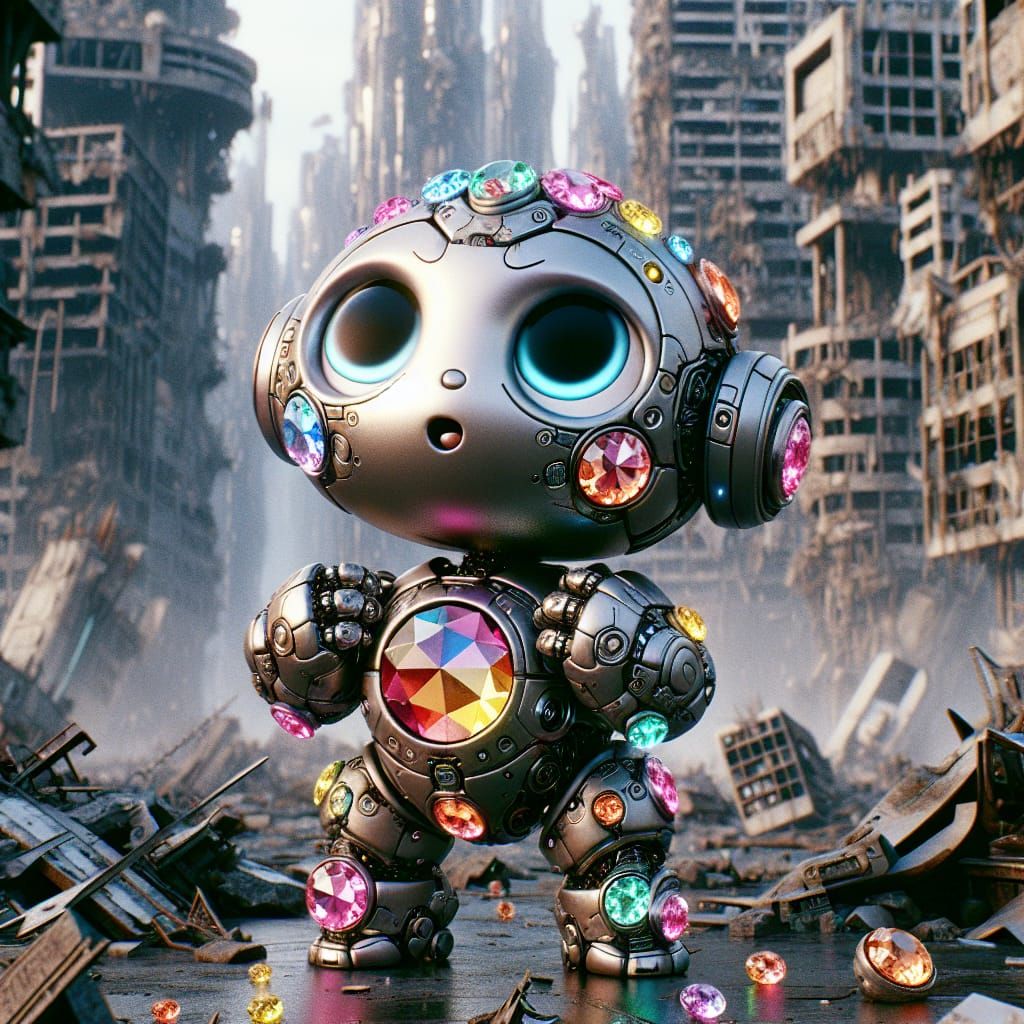 cute mini cyborg adorned in gemstone armor, set against the ...
