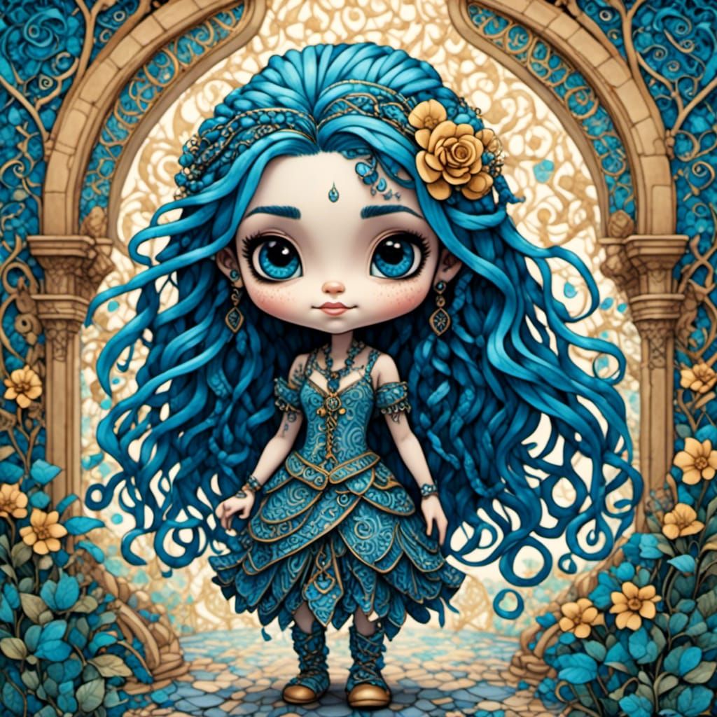 Chibi Girl with Braids in Disneyland, Detailed Art