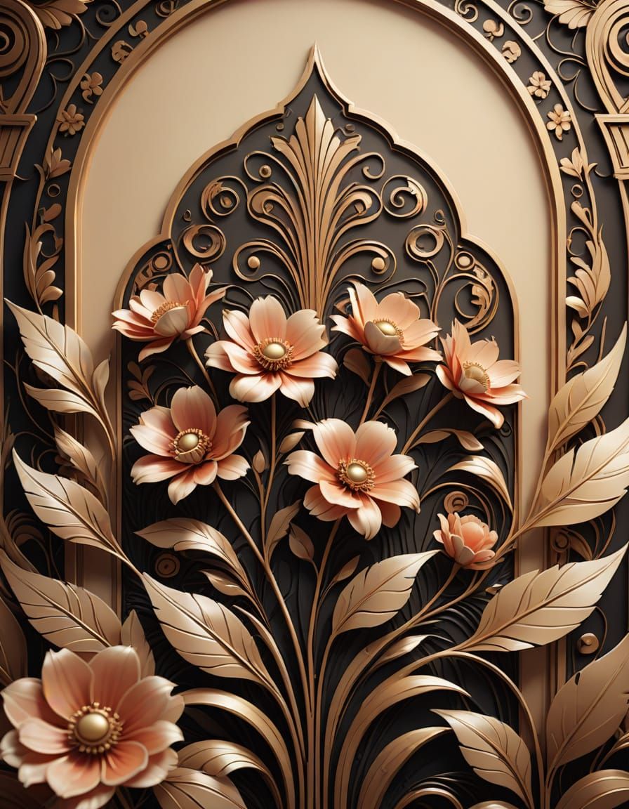 Art Deco Floral Pattern with Delicate Petals and Ornate Fram...