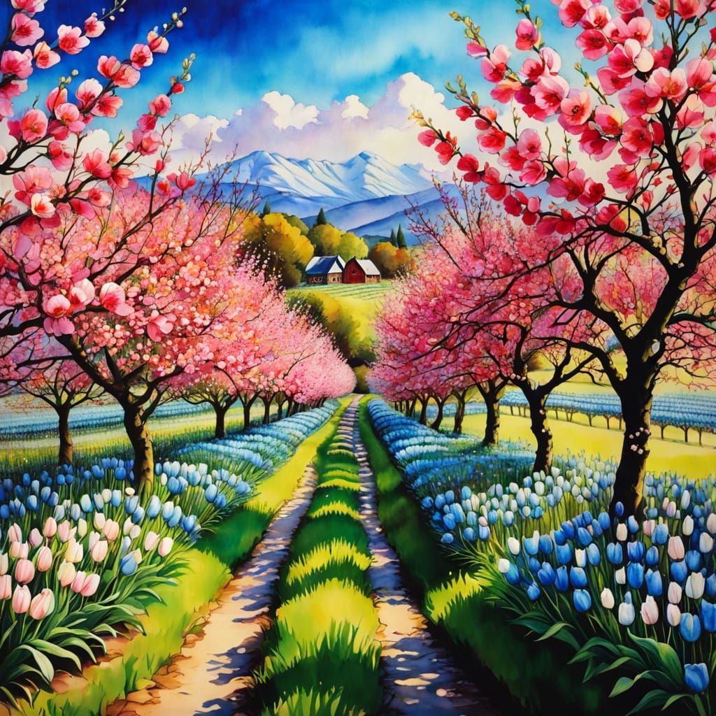 Surreal Anime Art of Blossoming Orchard with Vibrant Tulips