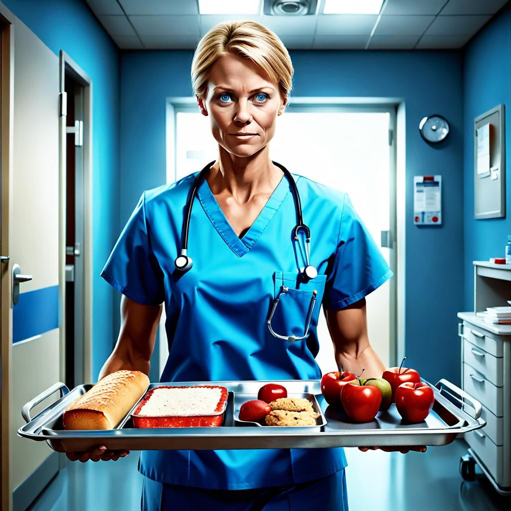Swedish Nurse Brings Food Tray: Photorealistic Concept Art